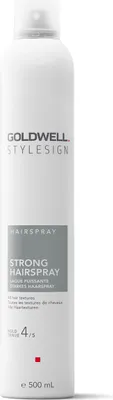 A white aerosol can of Goldwell StyleSign Strong Hairspray against a white background.