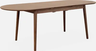 An oval dining table with four legs, shown from a slightly elevated angle against a white background.