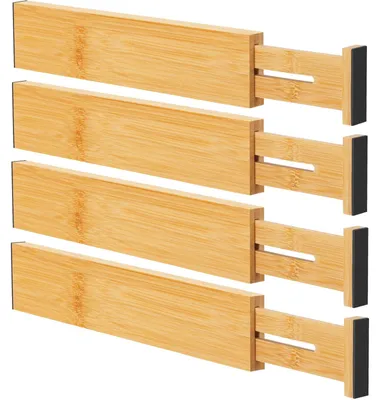 Produktbild von Omgoods – Bambus-Schubladenteiler-Organizer – Verstellbare Schubladenteiler für Küche, Kleidung und Büro – 4 Stück
