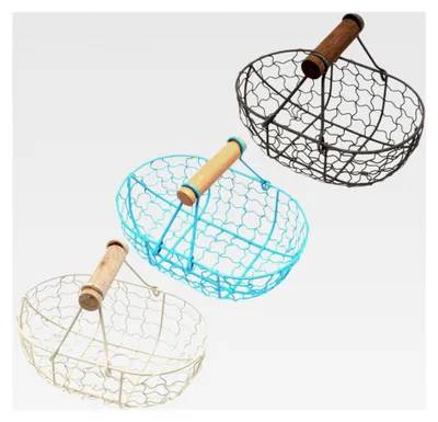 Produktbild von 3 Stück Retro Eisen Korbset mit Holzgriff – Kompakter Obst- und Eierkorb für Küche und Picknick