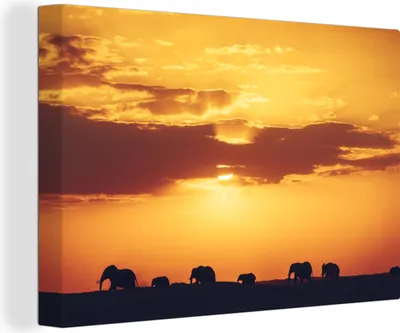 Obrázek produktu pro OneMillionCanvasses® - Obrazy na plátně - 140x90 cm, Sloni - Zvířata - Západ slunce, Nástěnné umění Vytisknout Nástěnná dekorace