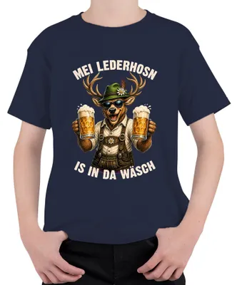 Produktbild von Mei Lederhosn is in da Wäsch Hirsch Lederhose Dirndl Kinder T-Shirt, Navy, 152