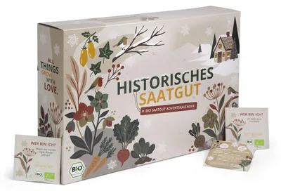 Produktbild von BIO Saatgut Adventskalender "Historische Sorten" - 24 verschiedene Gemüse und Kräuter Samen