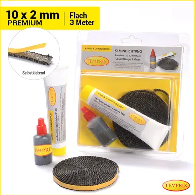 Produktbild von Temprix Kamindichtung & Ofendichtung 10 x 2 mm Premium - 3 Meter inkl. Kleber | feuerfeste Ofenschnur, Kaminschnur & Dichtband bis 650°C temperaturbeständig | Dichtung für Kamin, Ofen & Grill
