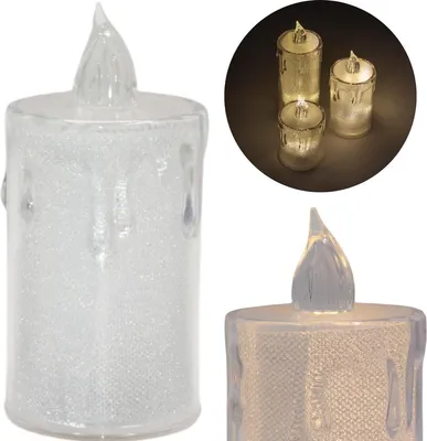 Immagine prodotto di Candela decorativa a LED 10,5 cm trasparente bianco caldo - 1 LED, a batteria, effetto glitter, sicura e senza fumo - Decorazioni natalizie