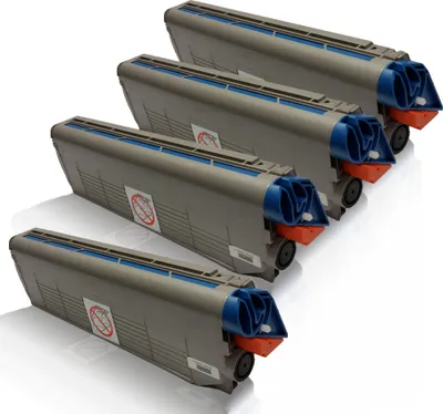 Four toner cartridges are arranged diagonally on a white background.