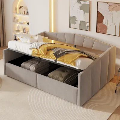 A daybed with storage is shown in a bedroom setting.