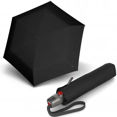 A black umbrella is shown in its closed state, with its case next to it.