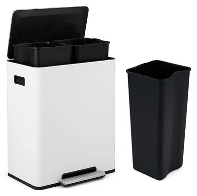 Imagen del producto de Cubo de basura para cocina, sistema de separación de residuos con 2 compartimentos de 30 litros, cubo de basura de acero inoxidable, cubo de basura con pedal y tapa de cierre suave, con asas laterales, cubo de basura para reciclaje (blanco)