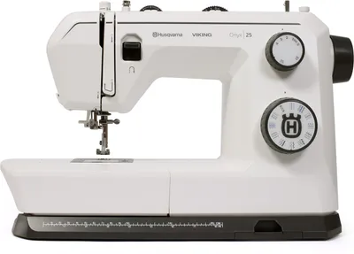 A white Husqvarna Viking Onyx 25 sewing machine is shown from a side-angle on a white background.
