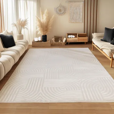 Productafbeelding van Kortpolig vloerkleed, 3D-design, kleur crème, geschikt voor de woonkamer, rechthoekig, 160x230 cm