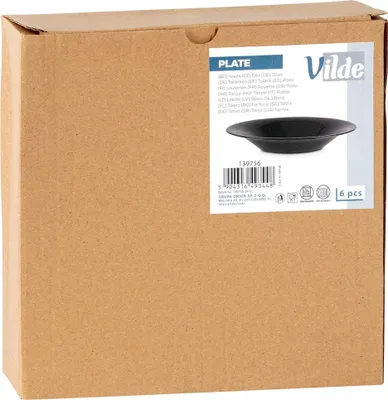 A cardboard box with a product label showing a black plate.