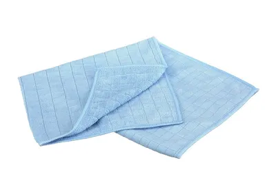 A light blue microfiber cleaning cloth folded on a white background.