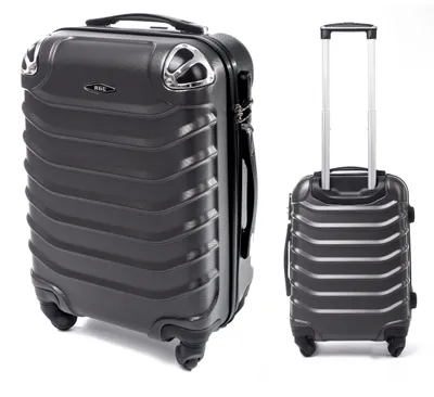 Two views of a dark gray suitcase against a white background.