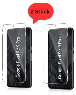 Two screen protectors for Google Pixel 9 / 9 Pro phones are displayed side-by-side on a white background. A red speech bubble with '2 Stück' (2 pieces) is above the products.