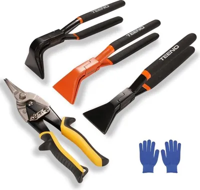 Produktbild von TEENO 4Tlg Abkantzange Biegezange, Falzzange 0° 45° 90°mit Blechschere, Maulbreite 60mm, aus Kohlenstoffstahl, Cr-V Metallschere mit Handschuhe