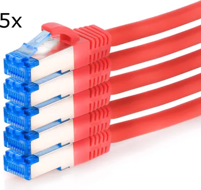 Produktbild von TPFNet 5er Pack 3m Cat.6A Patchkabel / Netzwerkkabel S/FTP 10GBit, rot