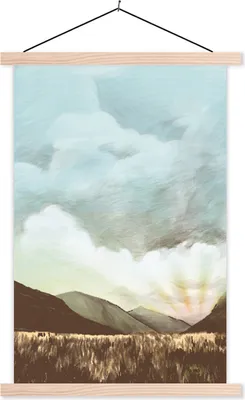 Produktbild von MuchoWow® Textilposter Himmel - Berg - Gras 40x60 cm mit holzfarbenen Rahmen - Poster