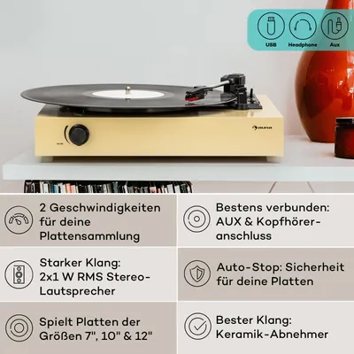 A turntable is shown on a shelf, with descriptive text and icons below it.