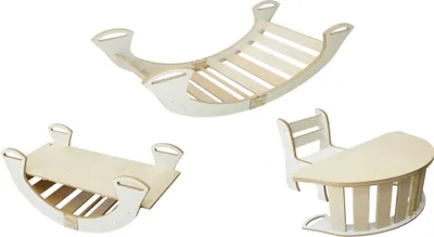 Produktbild von Skyline Set 5w1 Holz Kletterbogen, Kletterdreieck, Wippe, Holzbogen Kinder Montessori Schreibtisch mit Stuhl und Rutsche mod.B 98x46x49cm Weiß