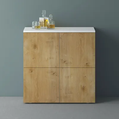 Produktbild von Mai & Mai Möbel Kommode Aufbewahrungsschrank mit 4 Türen in Weiß matt + Kerneiche Sideboard Schrank Mehrzweckschrank BTH: 76x36,4x74cm Schrank04