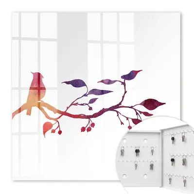 Produktbild von Metall Schlüsselkasten 30 x 30 cm - weißer Schlüsselschrank zur Wandmontage - wandhängende Schlüsselbox mit Tür - rechts öffnend - Schlüsselaufbewahrung für Flur - Büro - Arbeitszimmer - Werkstatt - Garage - Ein Ast mit einem Vogel