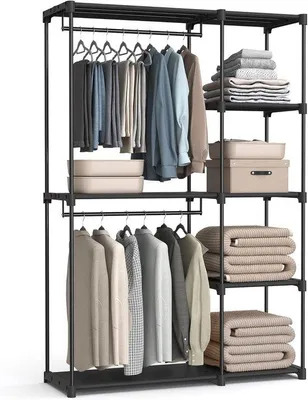 Image de Porte-vêtements avec 2 crochets et de grands espaces de rangement pour la chambre et le salon, noir