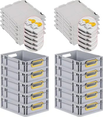 Produktbild von SuperSparSet 10x Eurobox NextGen Color mit Scharnierdeckel und Schiebeschnappverschlüssen | HxBxT 12x30x40cm | 11 Liter | Grau | Griffe gelb offen | Glatter Boden | Eurobehälter, Transportbox, Transportbehälter, Stapelbehälter