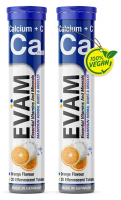 Produktbild von EVÄM Calcium + Vitamin C Brausetabletten – 800 mg Calcium + 160 mg Vitamin C je Tagesportion, Orange – 2 Tuben à 20 Stück (40 Tabletten)