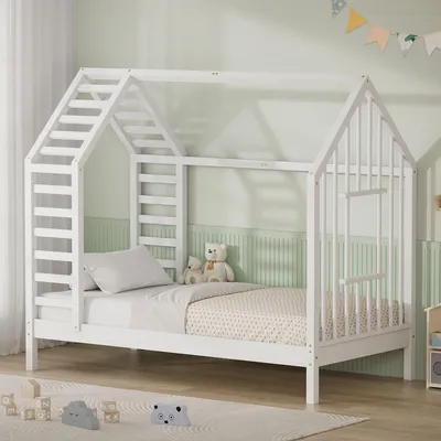 Zdjęcie produktu dla Łóżeczko dziecięce ML-Design, 80x160 cm, białe, z żebrowanym spodem, łóżko-domek z dachem i oknami, rama łóżka wykonana z drewna sosnowego, łóżko Montessori z drewna, dla dziewczynek i chłopców