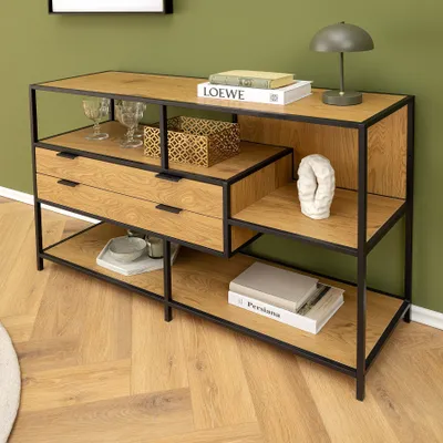 Produktbild von riess-ambiente Industrial Bücherregal SLIM LINE 115cm Wildeiche schwarz Metall mit Schubladen