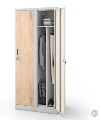 Immagine prodotto di Armadio guardaroba in acciaio, armadietto, armadio guardaroba a due scomparti, con ante a battente, divisorio, verniciatura a polvere, dimensioni 180 x 80 x 50 cm, colore grigio / effetto legno Sonoma