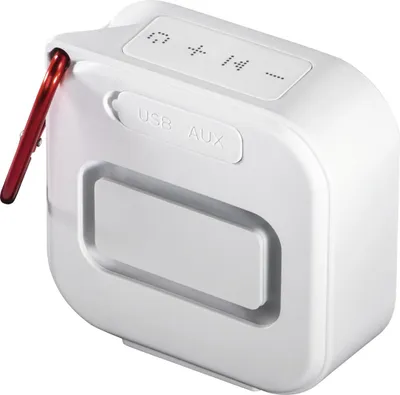 A white portable mono speaker with a red carabiner clip attached.