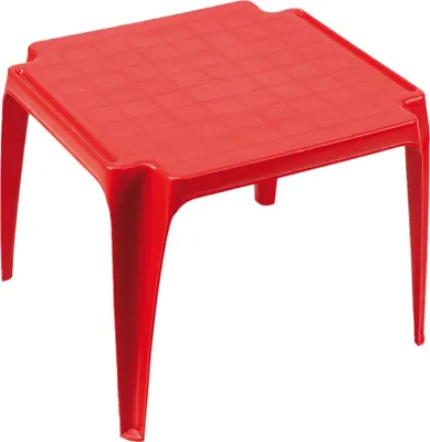 A red plastic children's table with a grid pattern on the surface and four legs.