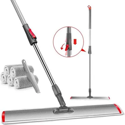 Produktbild von Unyqoos® Bodenwischer 60 cm Flachmopp Alu, 360°-Gelenk, Edelstahl-Stiel 84–137 cm, 5 waschbare Mikrofaserpads, 1 Schaber – Fliesen, Laminat, Parkett