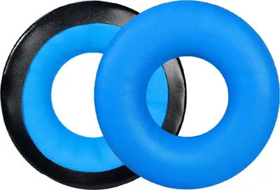 Two circular ear pads for headphones, one blue and one blue with a black outer ring, are shown against a white background.