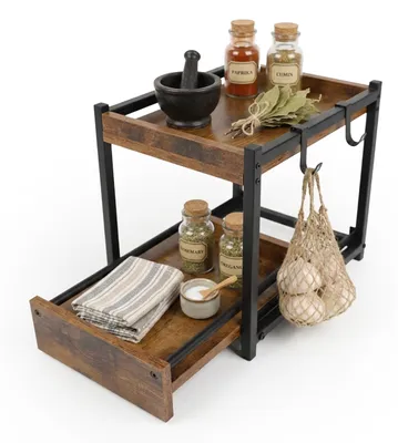 Productafbeelding van Relaxdays kruidenrek, 2 niveaus, kruidenhouder, MDF en staal, afmetingen: 31x34x27 cm, keukenrek met haken, bruin-zwart