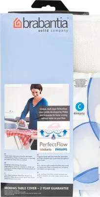The image shows the packaging of a Brabantia ironing board cover, with a woman ironing in the background and diagrams illustrating the product's features.