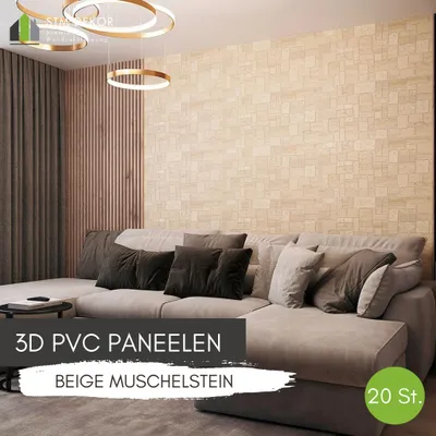 Produktbild von 3D-Wandpaneele PVC | Steinoptik | Beige Muschelstein - 20 Platten - 10 m² | Für Wohnzimmer, Küche & Bad | Einfache DIY-Montage