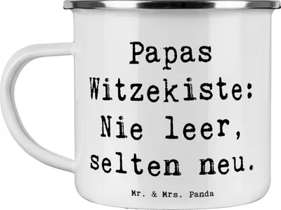 Produktbild von Mr. & Mrs. Panda Emaille Tasse Spruch Vater Witzekiste - Weiß - Geschenk, Lächeln, Familienmitglieder, Verwandte, Vaterliebe, Vaterschaft, Pott, Papa Spaß, Teetasse
