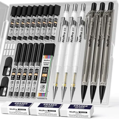 Produktbild von Druckbleistift Set 6 Stück mit Etui, 0,5/0,7/0,9/2,0 mm Minenstärken, 4B/2B/HB/2H Minen