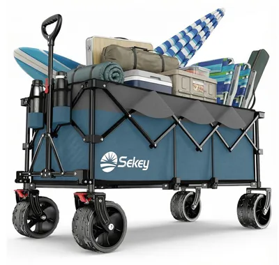 Imagen del producto de Sekey Carrito de transporte plegable XXXL, 300L, capacidad de 200 kg, con ruedas todoterreno extra anchas de 17x10 cm. Carro de mano, diseño patentado, montaje rápido en 4 direcciones. Carrito de transporte, color azul con detalles en gris
