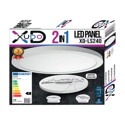 Obrázek produktu pro XUDO LED panel 2 v 1 24W, kulatý Ø30 cm, 2700 lm, 4000K, pro vestavbu a povrchovou montáž, bílý, IP20