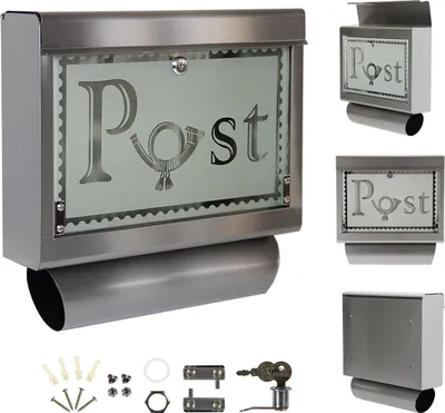 A collage of images showing a stainless steel mailbox with a newspaper roll and mounting hardware.