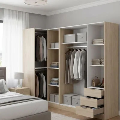 Produktbild von Kleiderschrank Dmezzan, Eckschrank für Schlafzimmer, Eckschrank mit 5 Flügeltüren, 214x91h184 cm, Eiche