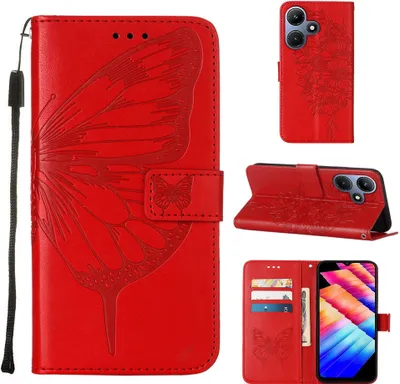 Produktbild von Lederhülle für Infinix Hot 30i X669 Schmetterling Prägung Flip Ledertasche Kartenfächer Handyhülle mit Ständer Rot