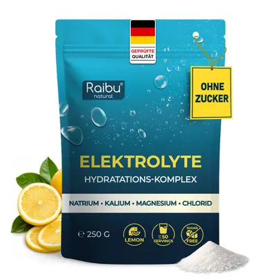 Produktbild von Elektrolyte Pulver ohne Zucker - mit Magnesium, Kalium, Natrium & Chlorid - RAIBU, KI-generiertes Bild