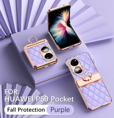 Produktbild von Leder Hülle für Huawei P50 Pocket mit Ringhalterung, Luxus Glitzer Bling Überzug Scharnierschutz Handyhülle Lila
