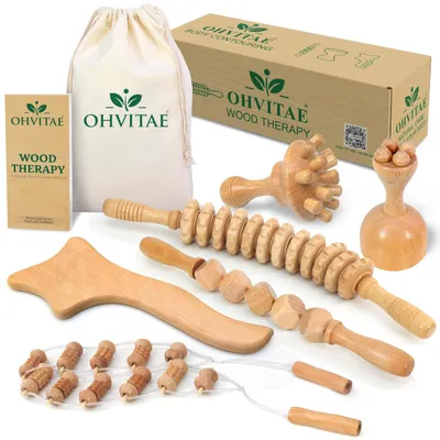 Produktbild von Maderotherapie Set Massageset Massagerolle - 6-teilig - Buchenholz mit Tragetasche - Gesichtsrolle Massageroller Rückenroller Beinroller Schröpfglas Formplatte