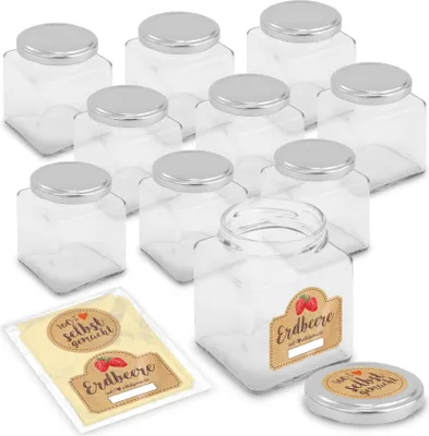 Produktbild von itenga Set 10 Marmeladengläser QUADRATISCH 212ml mit Sticker Erdbeere